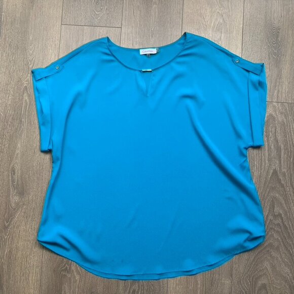 Calvin Klein Women's Draped Blouse Top Short Sleeve Blue Plus Size 1X - Picture 7 of 15
